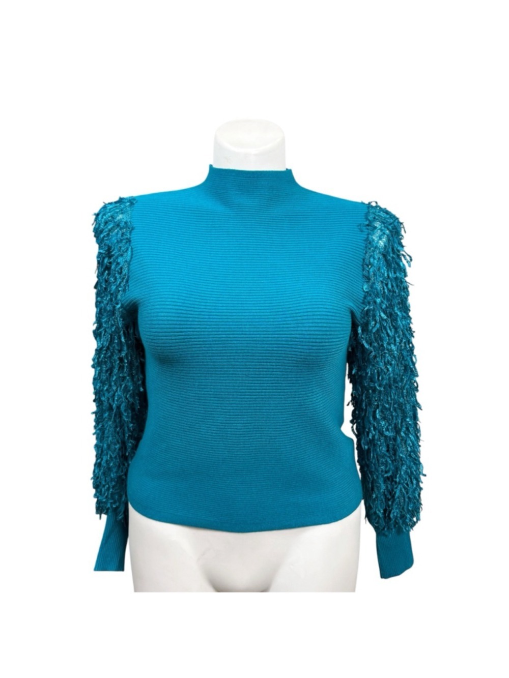 Sioni‎ Milano Teal Fringe Sleeve Sweater Top NWT Size Large Statement